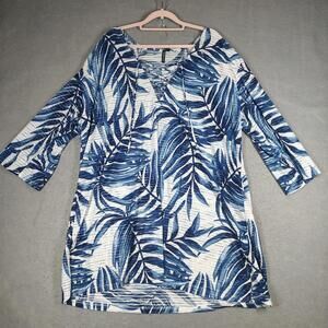 Portocruz Womens 3X Blue White Leaf Print Bathing Suit Cover Top Boho Resort NWT